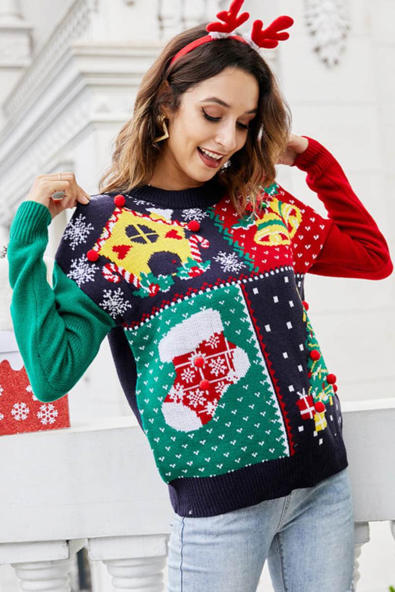 Julesweater dame med rund hals, ribkanter og regular pasform