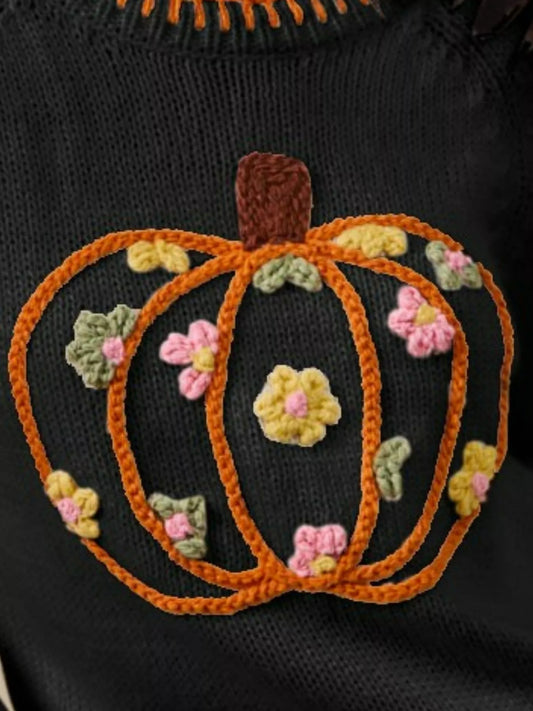 Sweater med græskarbroderi og blomsterbroderi til damer