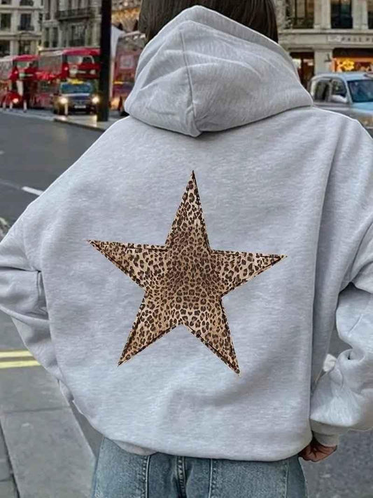 Hoodie til damer med leopardstjerne på ryggen og løs pasform