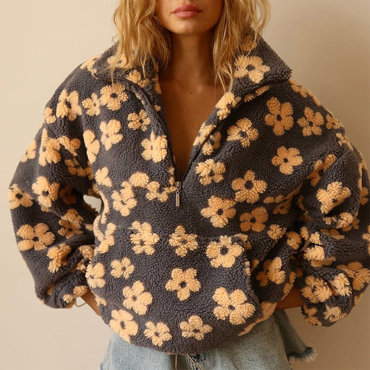 Hoodie til damer med halv lynlås og blomsterprint i oversized fit