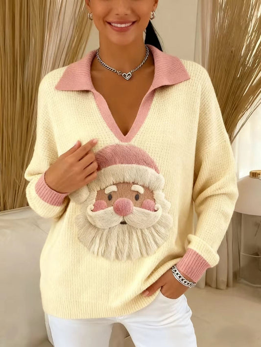 Julesweater dame med julemandsmotiv, V-hals og krave