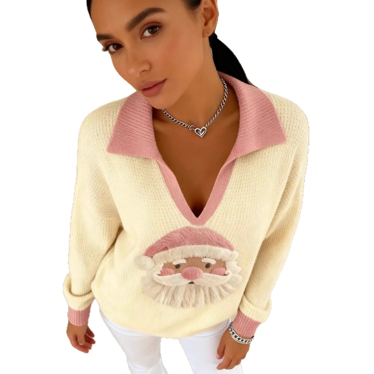 Julesweater dame med julemandsmotiv, V-hals og krave