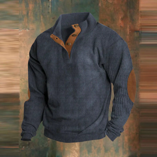 Sweater med knaplukning og høj krave til mænd – ribstrikket pullover