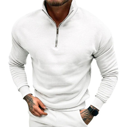 Sweater til mænd med halv lynlås, høj krave og ribbede manchetter