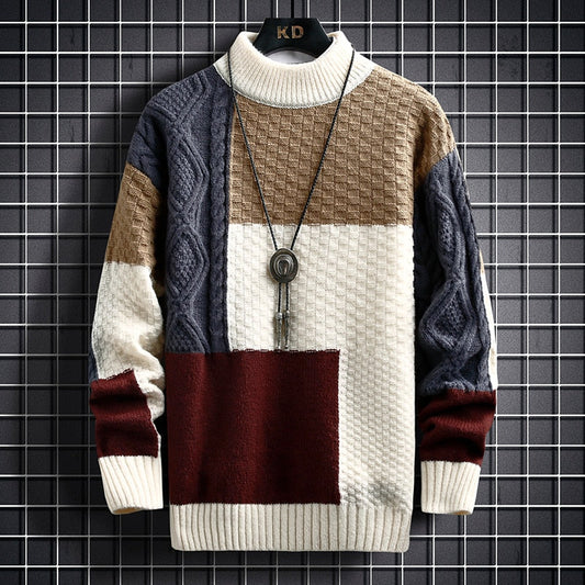 Strikket sweater til mænd med halvhøj hals og kabelstrik