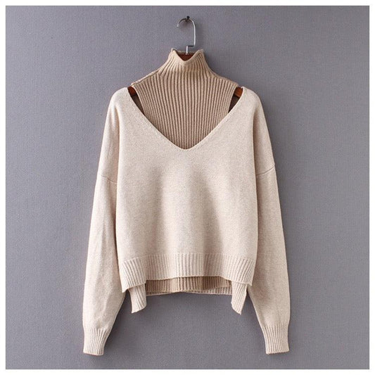 Sweater med V-hals og rullekrave, langærmet strik til damer