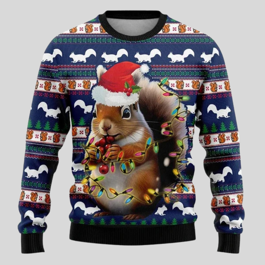 Julesweater til mænd med løs pasform, ribkanter og julemotiv med dyr