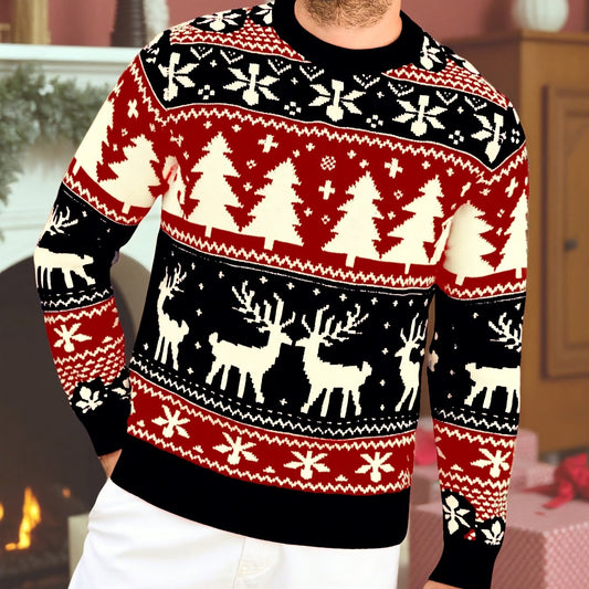 Julesweater med rund hals og rensdyrmønster til mænd