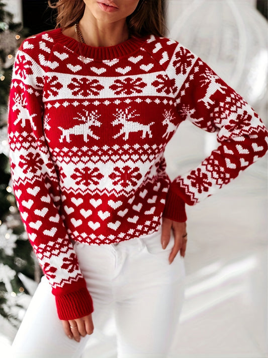 Julesweater dame med regulær pasform og rensdyr og snefnug hele vejen rundt