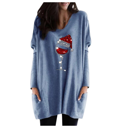Julesweater dame med lange ærmer og print af vinglas med nissehue