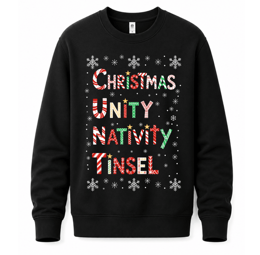 Julesweater med rund hals, lange ærmer og tekstprint med snefnug