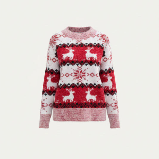 Julesweater dame med rensdyr og rund hals i norsk mønster