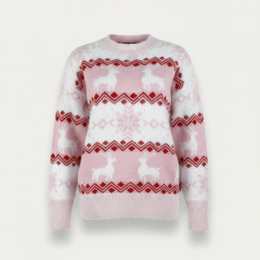 Julesweater dame med rensdyr og rund hals i norsk mønster