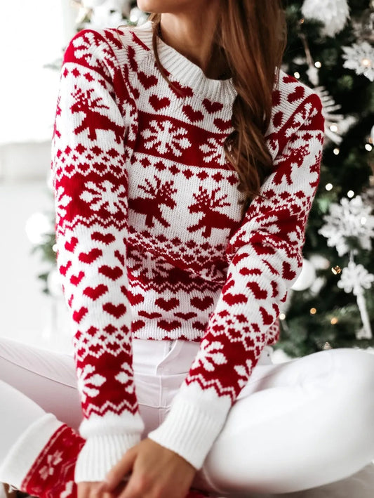 Julesweater dame med rund hals og rensdyrmønster, langærmet strik