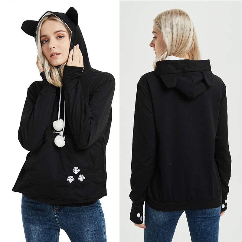 Hoodie til damer med kængurulomme og snørebånd med pomponer