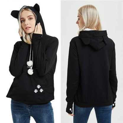 Hoodie til damer med kængurulomme og snørebånd med pomponer