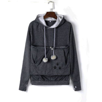 Hoodie til damer med kængurulomme og snørebånd med pomponer