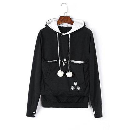 Hoodie til damer med kængurulomme og snørebånd med pomponer