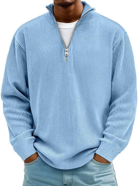 Ribbet sweater med halv lynlås og høj krave til mænd