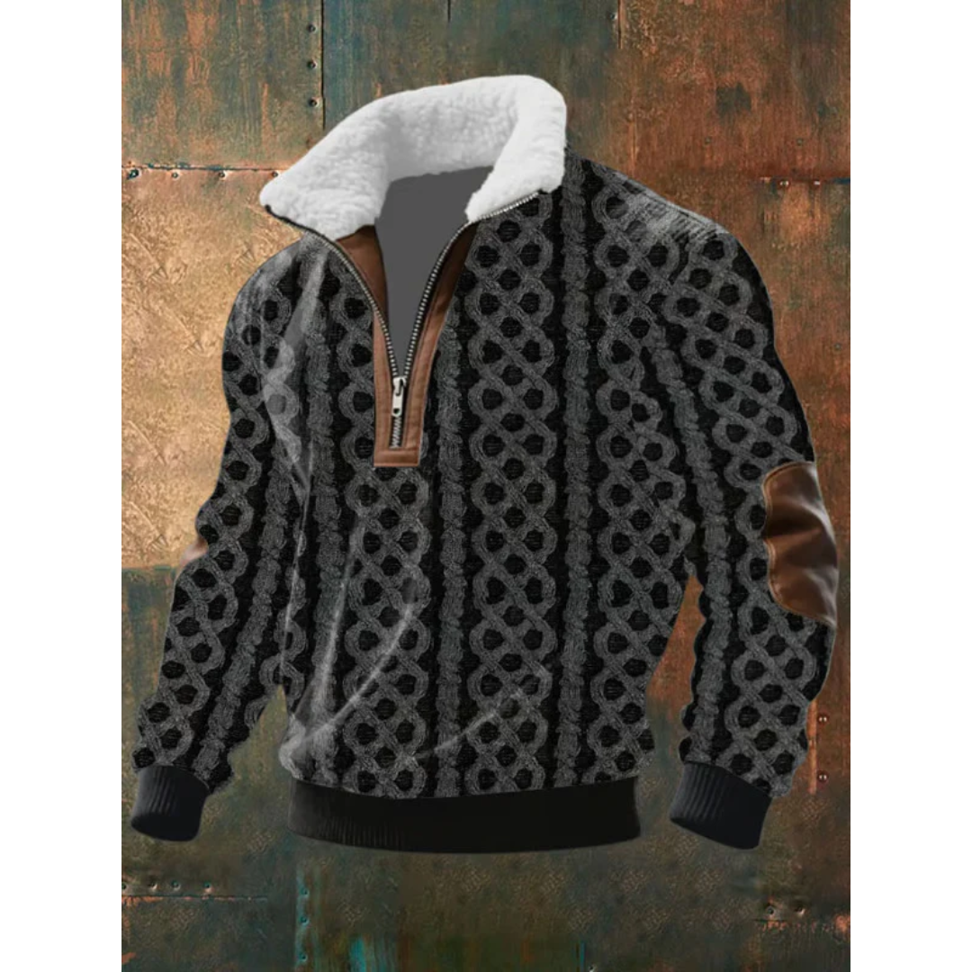Sweater til mænd med halv lynlås, høj krave og albuepatches i regular pasform