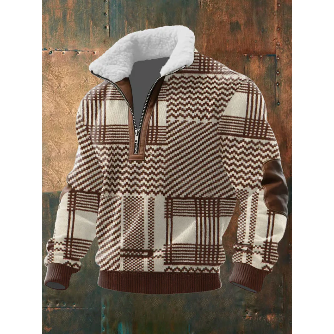 Sweater til mænd med halv lynlås, høj krave og albuepatches i regular pasform