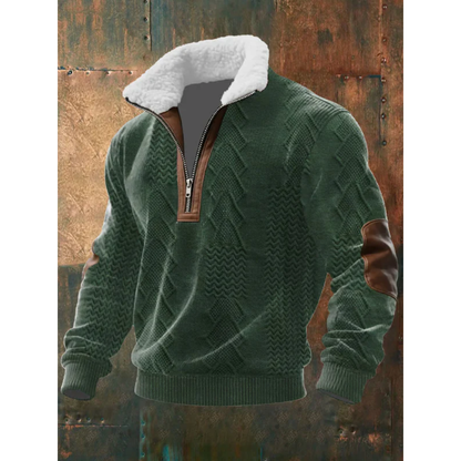 Sweater til mænd med halv lynlås, høj krave og albuepatches i regular pasform
