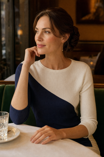Sweater med asymmetrisk farveblok og 3/4 ærmer til damer