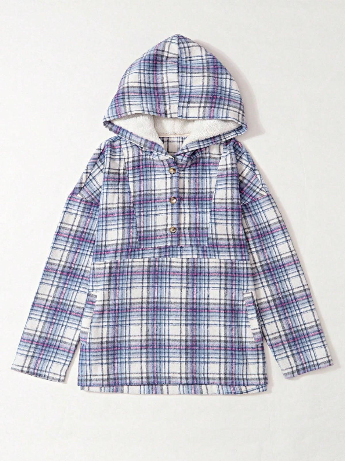 Hoodie med knapper og kængurulomme i tern til damer