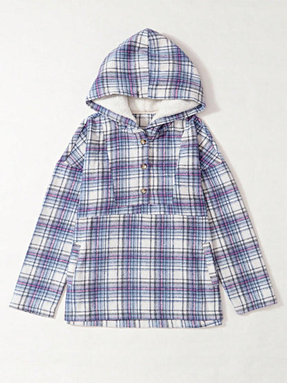 Hoodie med knapper og kængurulomme i tern til damer