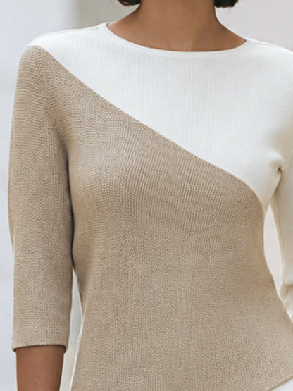 Sweater med asymmetrisk farveblok og 3/4 ærmer til damer