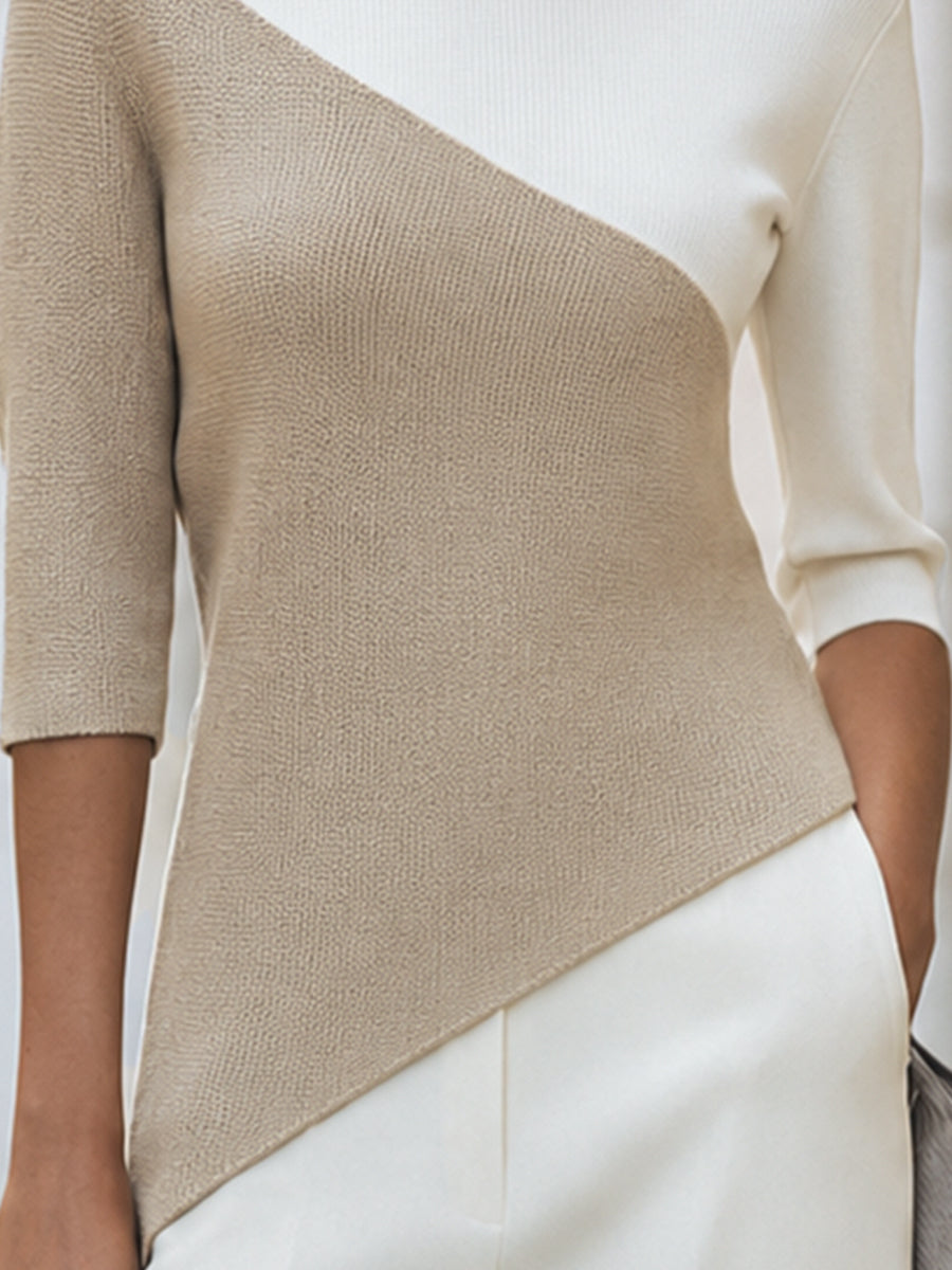 Sweater med asymmetrisk farveblok og 3/4 ærmer til damer
