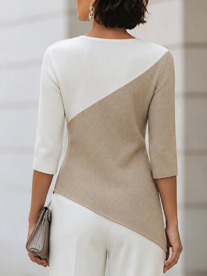 Sweater med asymmetrisk farveblok og 3/4 ærmer til damer