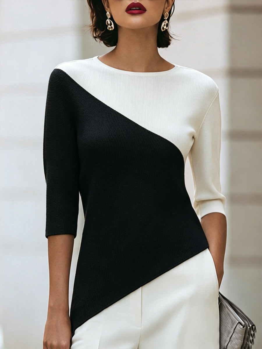 Sweater med asymmetrisk farveblok og 3/4 ærmer til damer