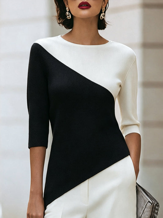 Sweater med asymmetrisk farveblok og 3/4 ærmer til damer