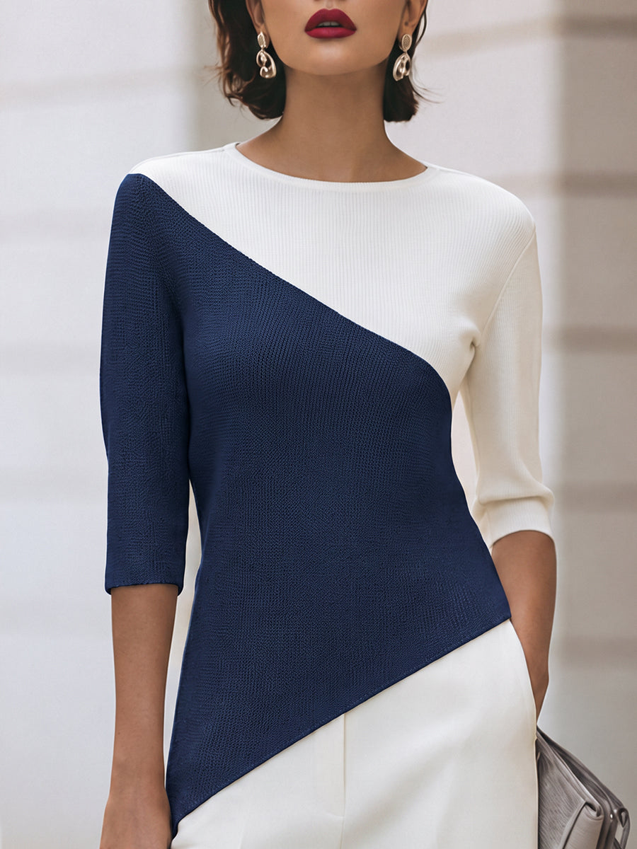 Sweater med asymmetrisk farveblok og 3/4 ærmer til damer