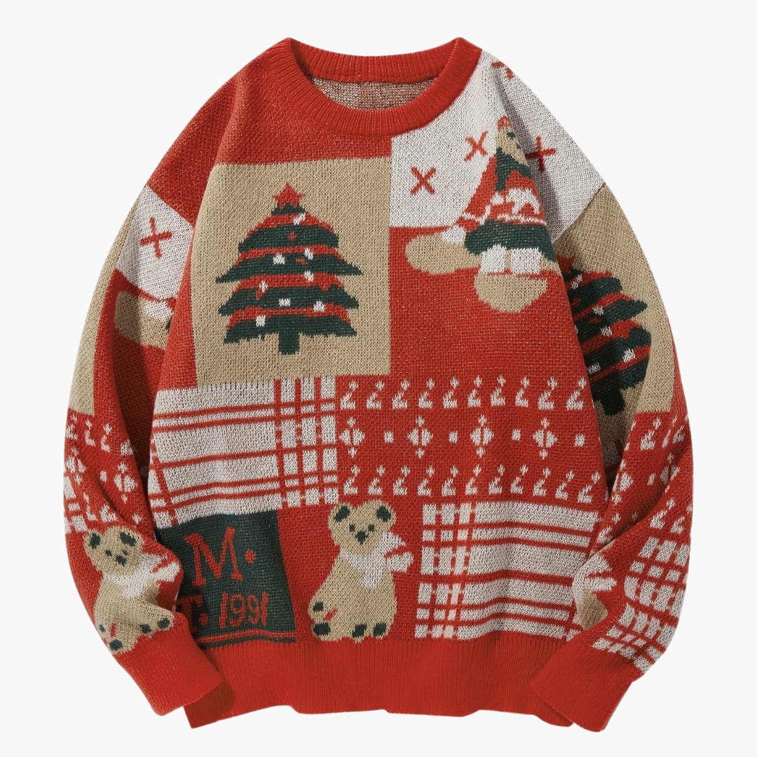 Julesweater med rund hals, bjørnemotiv og juletræ i strik