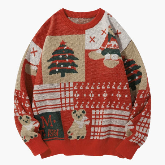 Julesweater med rund hals, bjørnemotiv og juletræ i strik