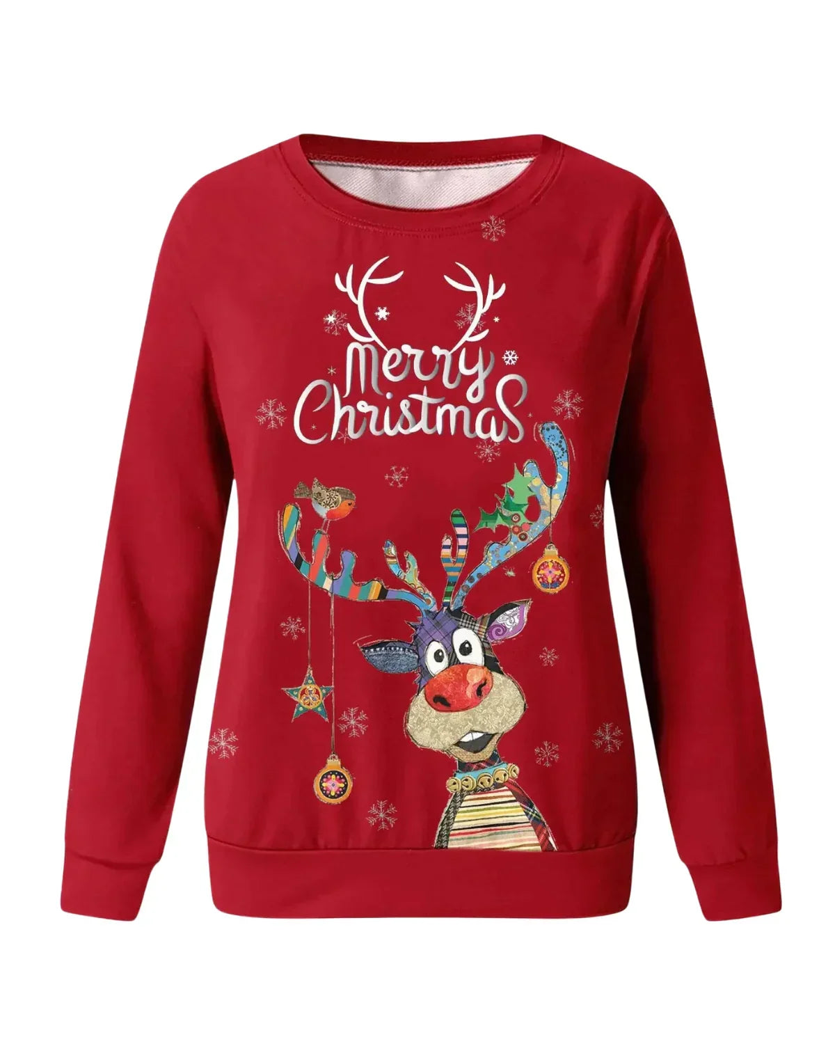 Julesweater dame med rensdyrprint, rund hals og raglanærmer