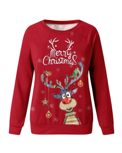 Julesweater dame med rensdyrprint, rund hals og raglanærmer