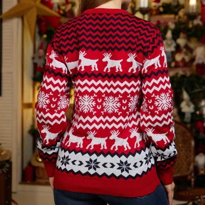 Julesweater dame med rensdyr og snefnug, rund hals og lange ærmer