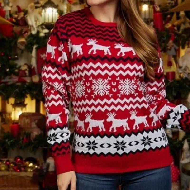 Julesweater dame med rensdyr og snefnug, rund hals og lange ærmer