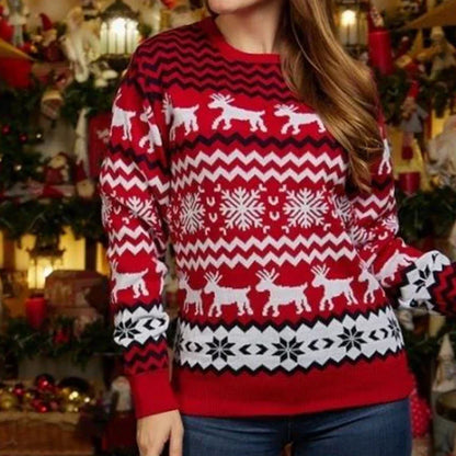 Julesweater dame med rensdyr og snefnug, rund hals og lange ærmer