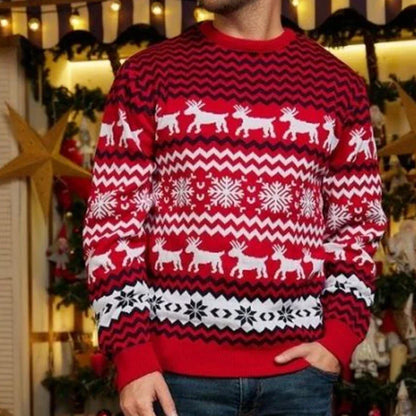 Julesweater dame med rensdyr og snefnug, rund hals og lange ærmer