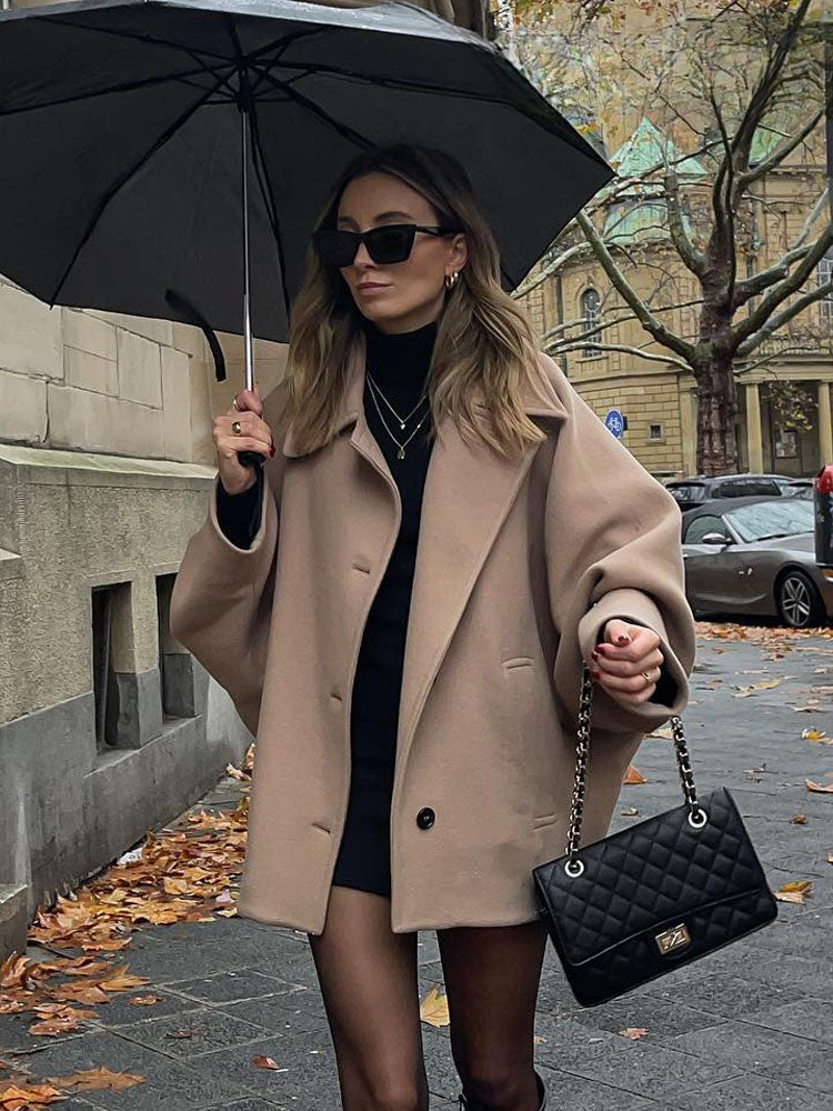 Oversize frakke dame med skjortekrave og knapper foran