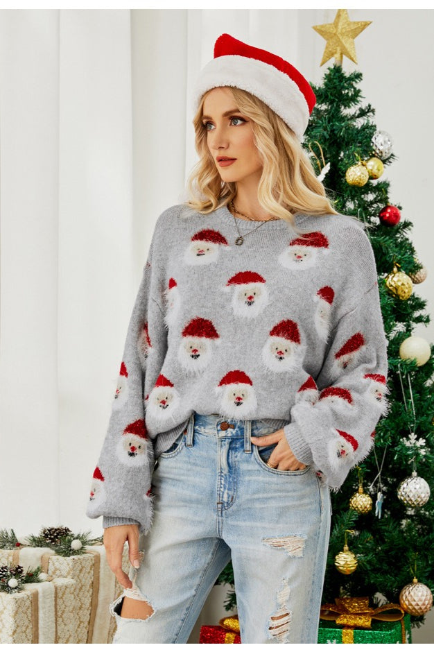 Julesweater dame med julemand-motiv, rund hals og lanterneærmer