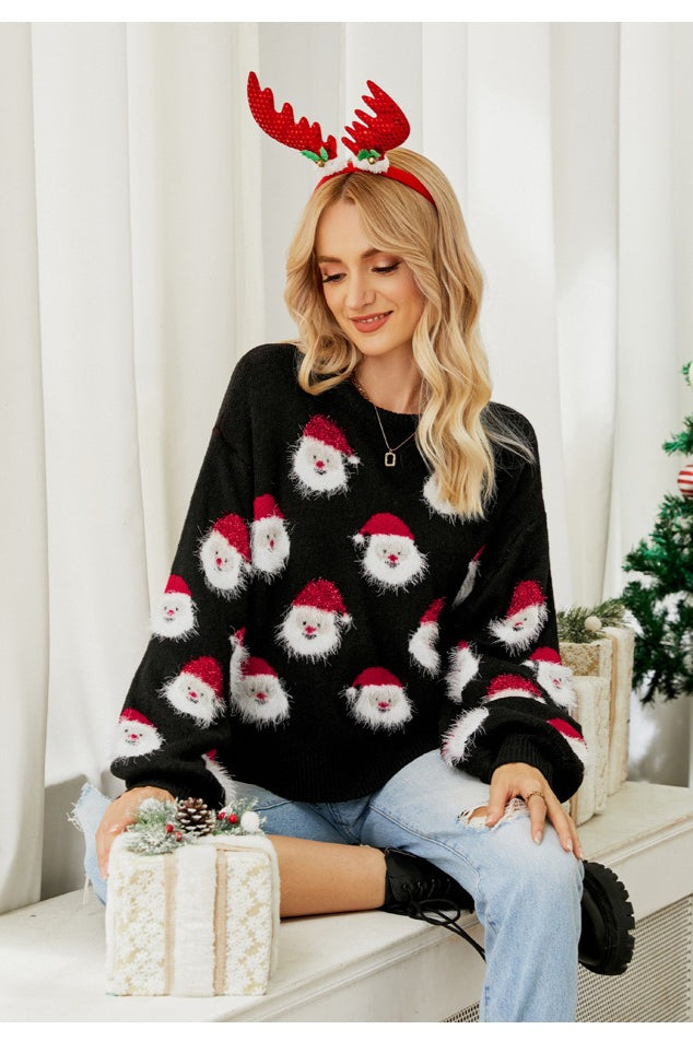 Julesweater dame med julemand-motiv, rund hals og lanterneærmer