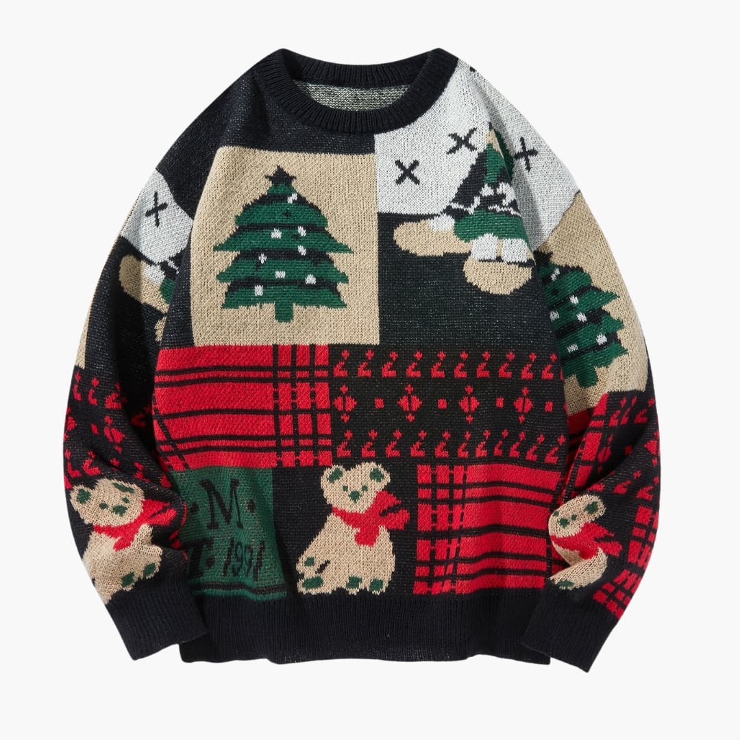 Julesweater med rund hals, bjørnemotiv og juletræ i strik