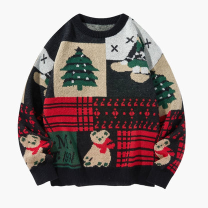 Julesweater med rund hals, bjørnemotiv og juletræ i strik