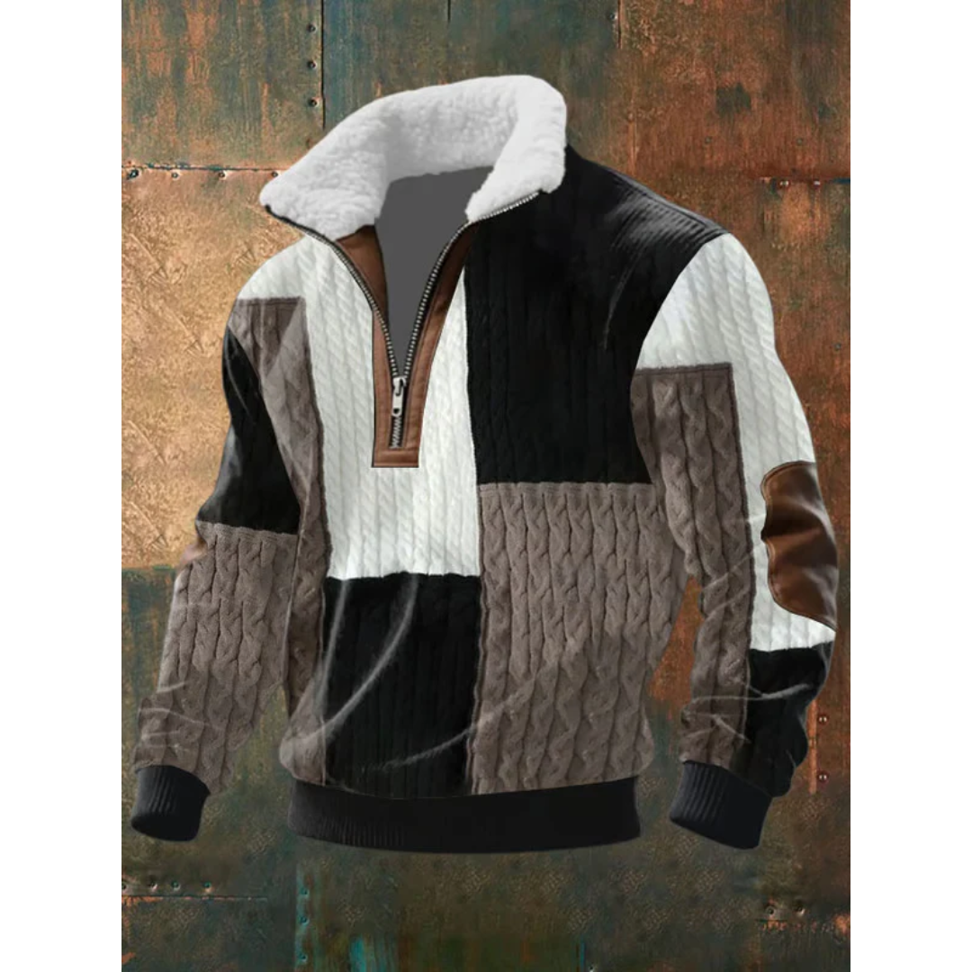 Sweater til mænd med halv lynlås, høj krave og albuepatches i regular pasform