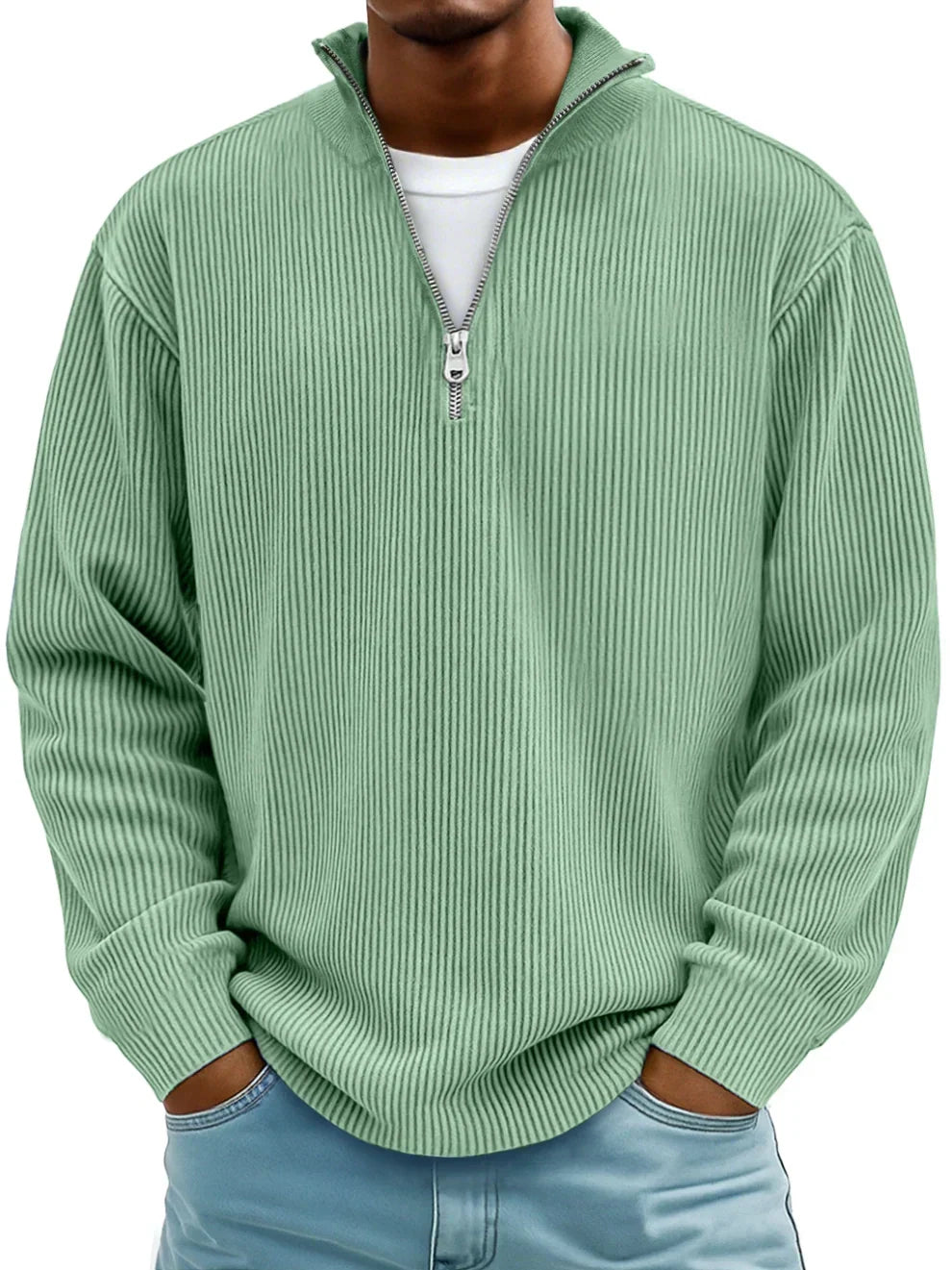 Ribbet sweater med halv lynlås og høj krave til mænd